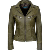 Rider Lightweight Olive Green Pure Sheepskin Leather Jacket For Women
